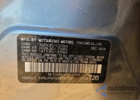 2015 Mitsubishi Mirage De from USA, damaged, VIN ML32A3HJ2FH039464
